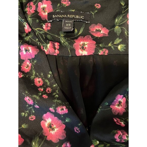 EUC Banana Republic floral tie front volume sleeve wrap top pink black XS petite - Picture 6 of 8